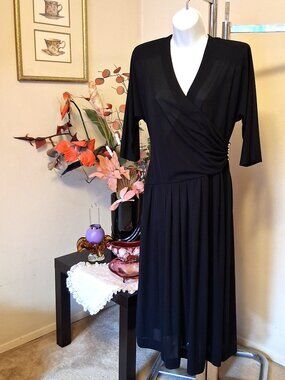Vintage Ana Lissa Maxi Black Pleated Dress V Neck ¾ Sleeve VTG Spring Autumn 12